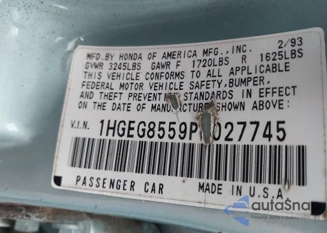 1993 Honda Civic Lx из США, поврежденный, VIN 1HGEG8559PL027745